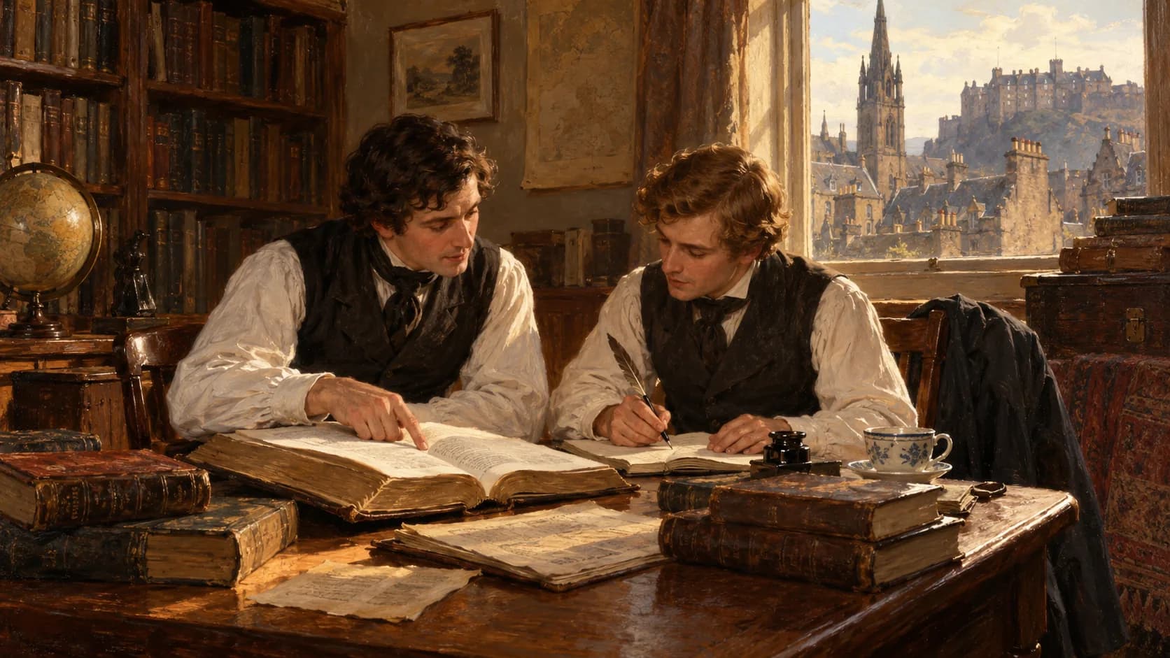 Pintura: dois jovens estudantes de teologia à mesa com livros e uma Bíblia aberta, num quarto de Edimburgo