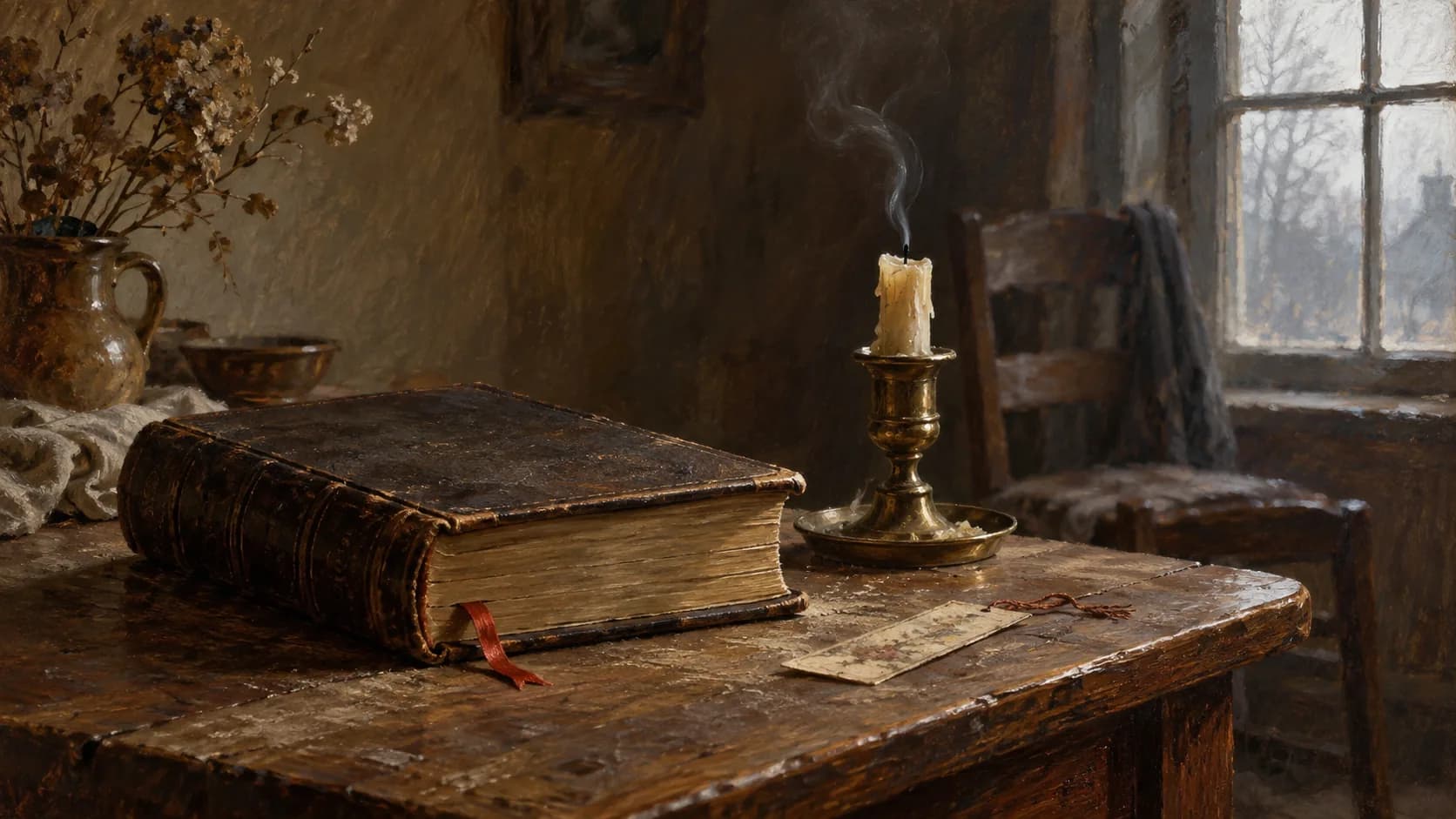 Pintura: uma Bíblia fechada sobre a mesa, com o marcador perto do começo, ao lado de uma vela apagada ainda fumegando