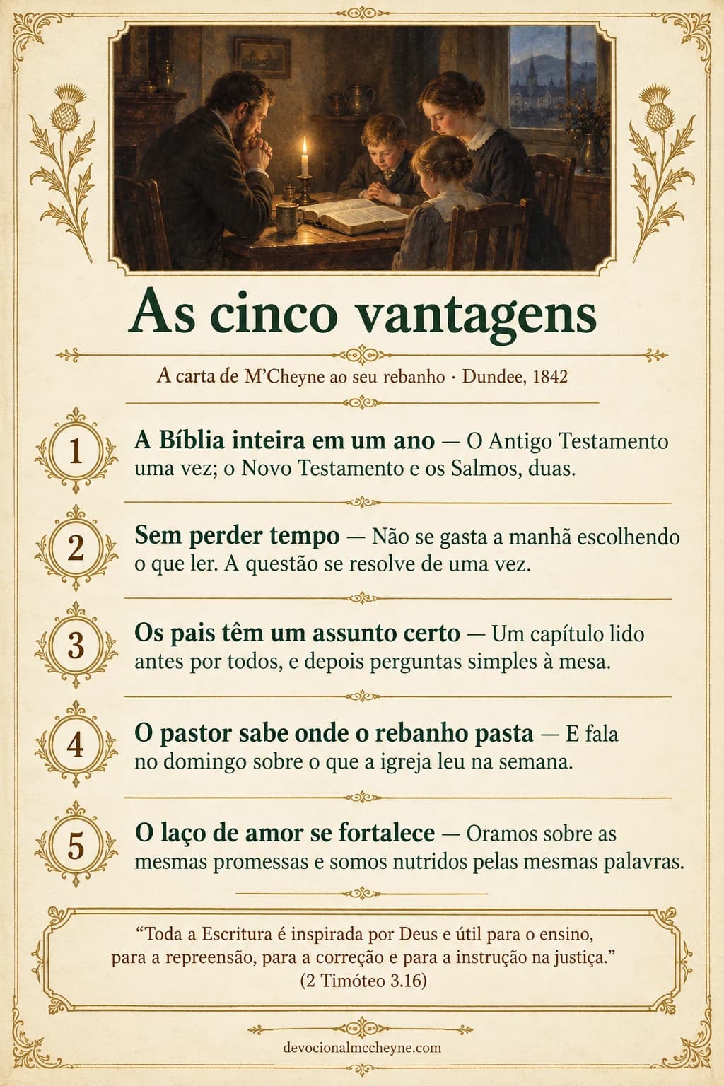 Cartaz: As cinco vantagens — trecho da carta de M'Cheyne de 1842