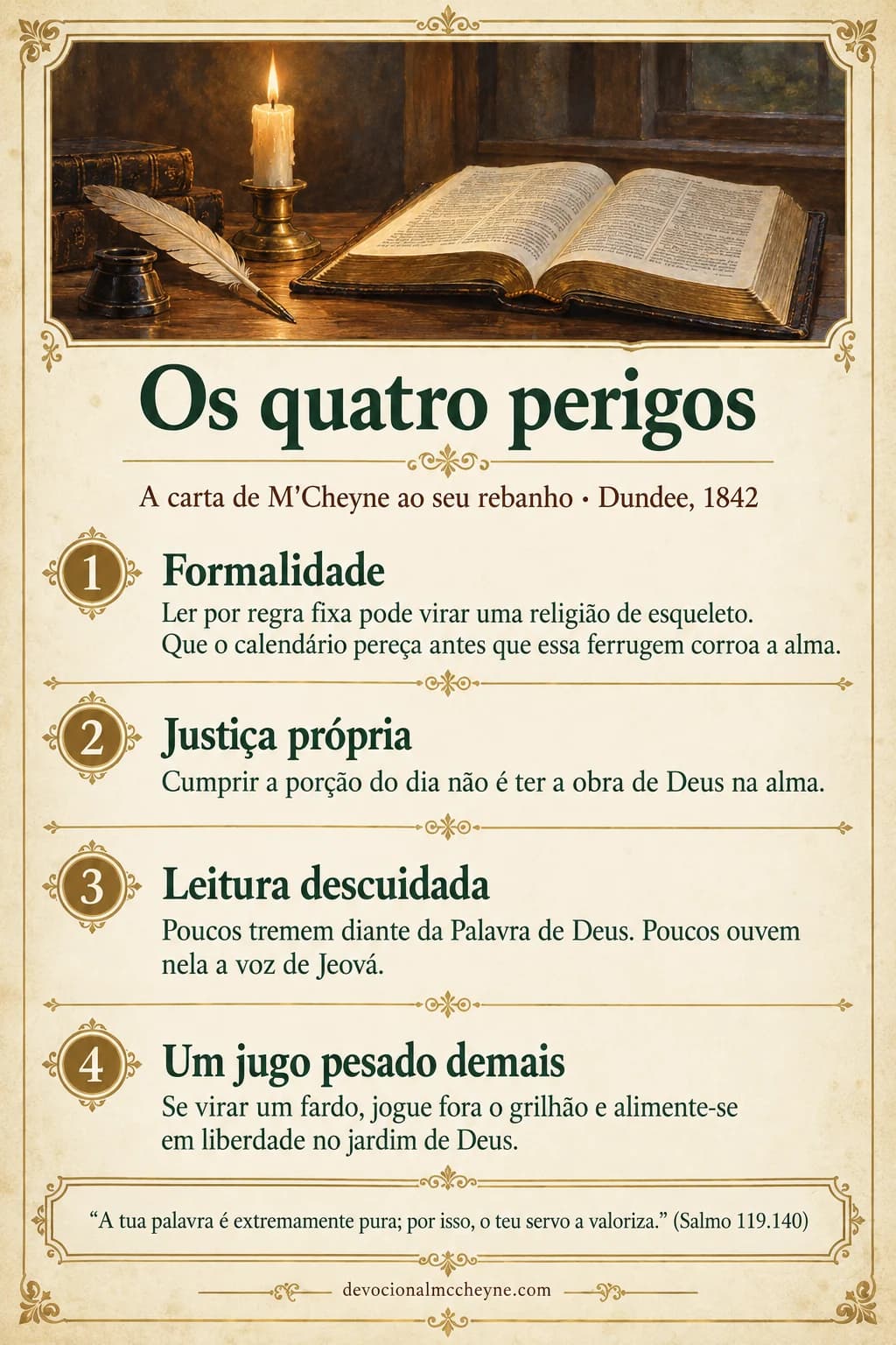 Cartaz: Os quatro perigos — trecho da carta de M'Cheyne de 1842