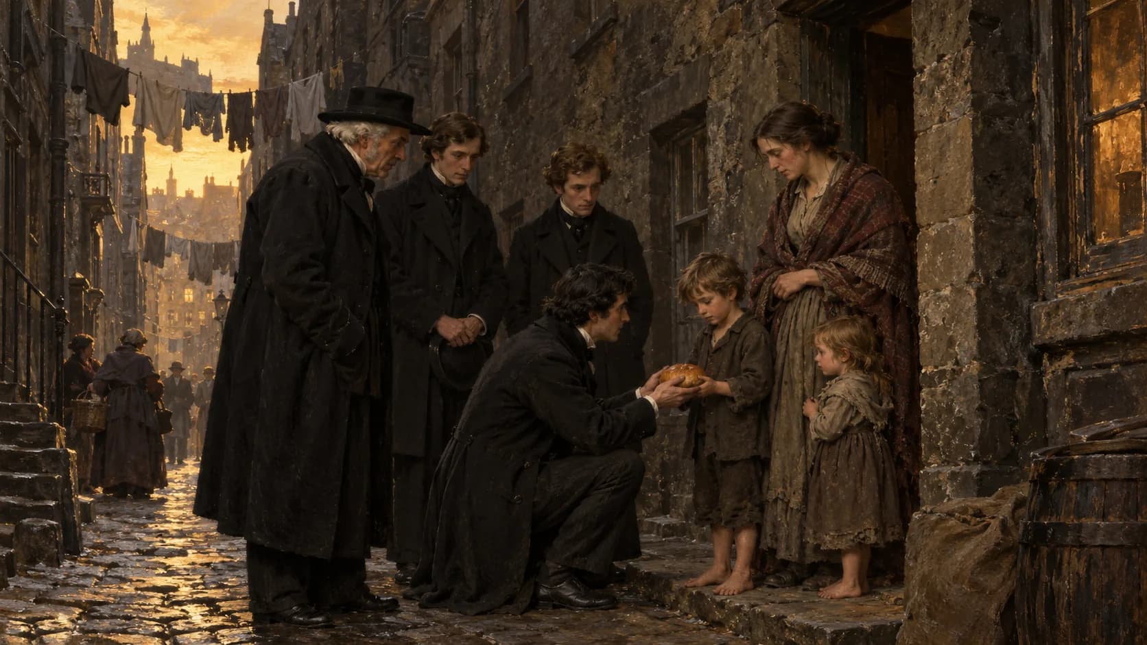 Pintura: Thomas Chalmers e jovens estudantes de teologia à porta de um cortiço numa viela de Edimburgo, um deles ajoelhado entregando pão a crianças