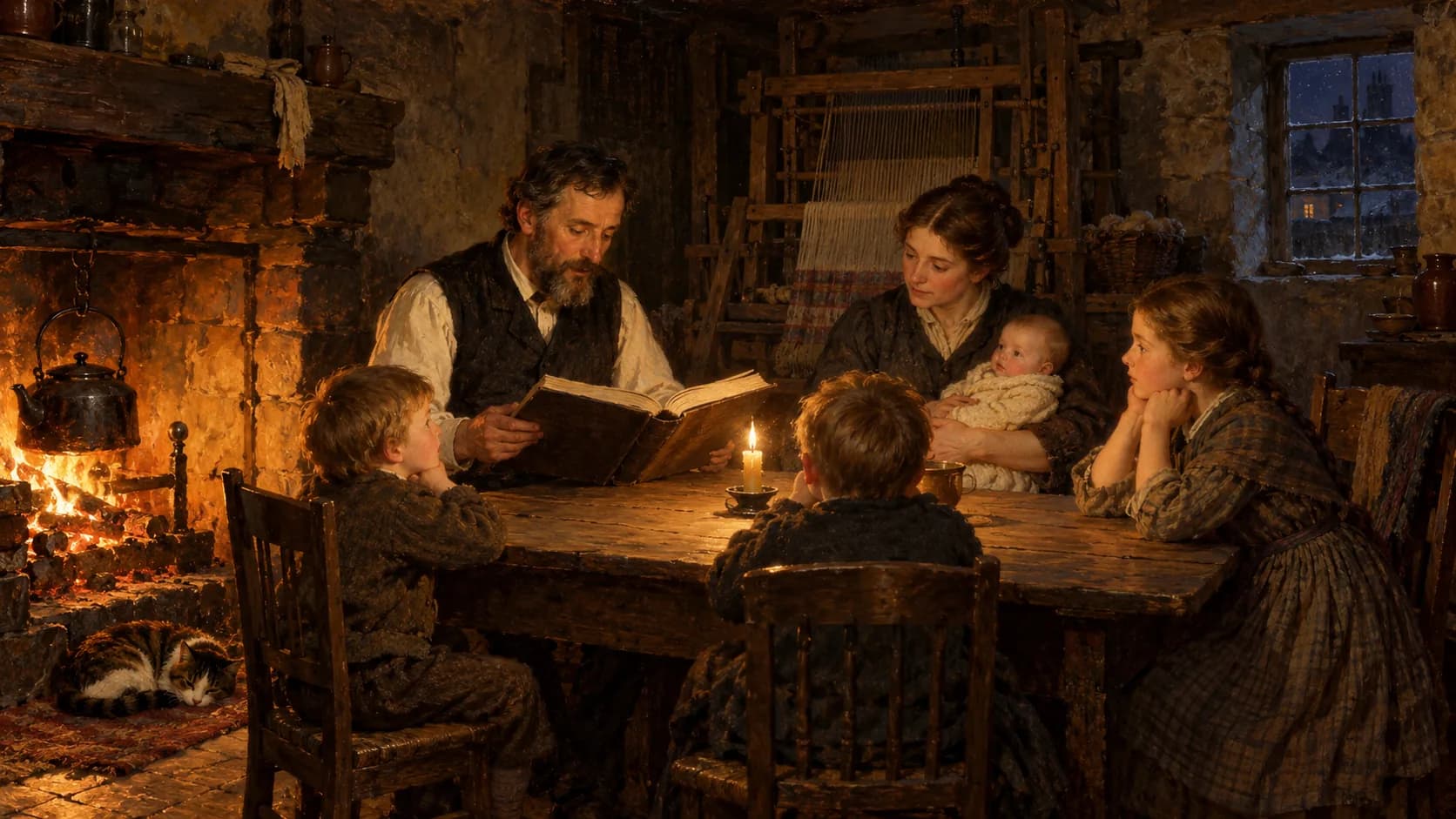 Pintura: uma família de tecelões de Dundee reunida à mesa à luz da lareira, o pai lendo a Bíblia em voz alta