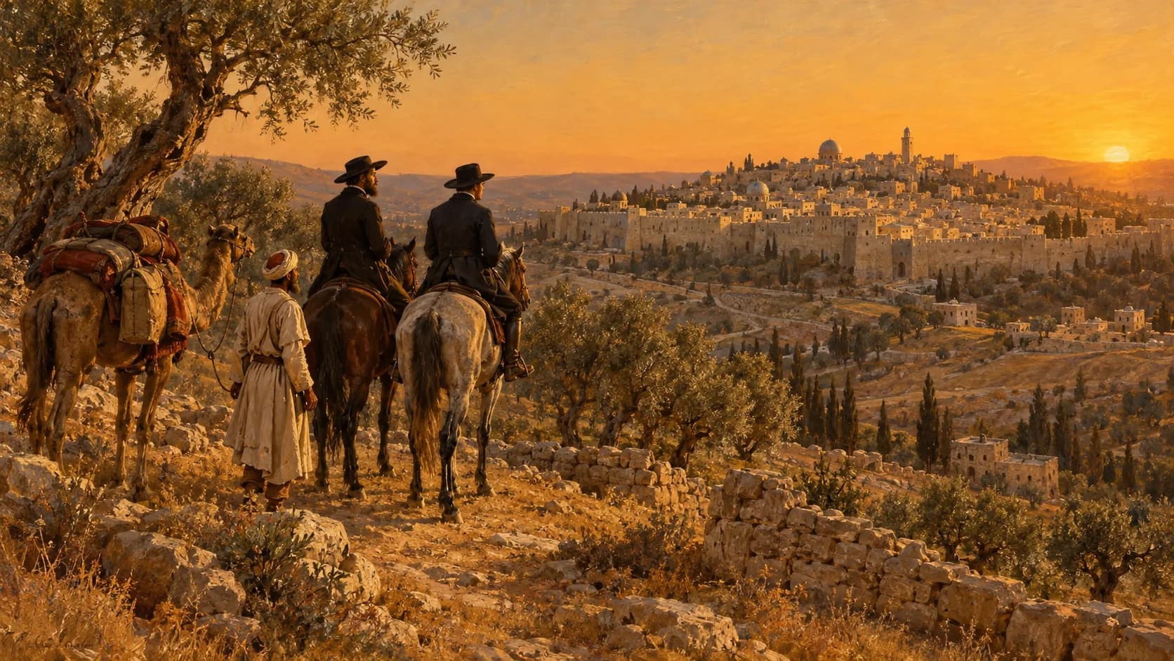 Pintura: dois ministros escoceses a cavalo nas colinas da Judeia, olhando Jerusalém ao longe, com um guia e um camelo