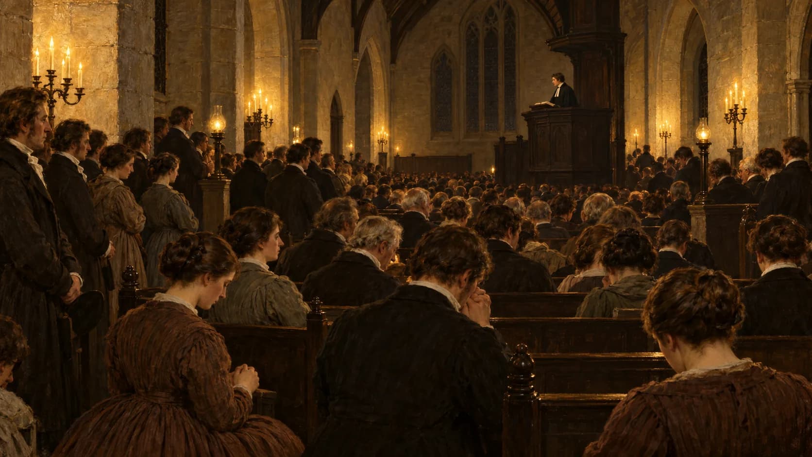 Pintura: a igreja St Peter's de Dundee lotada à luz de velas numa noite de 1839, com o pastor no púlpito ao fundo