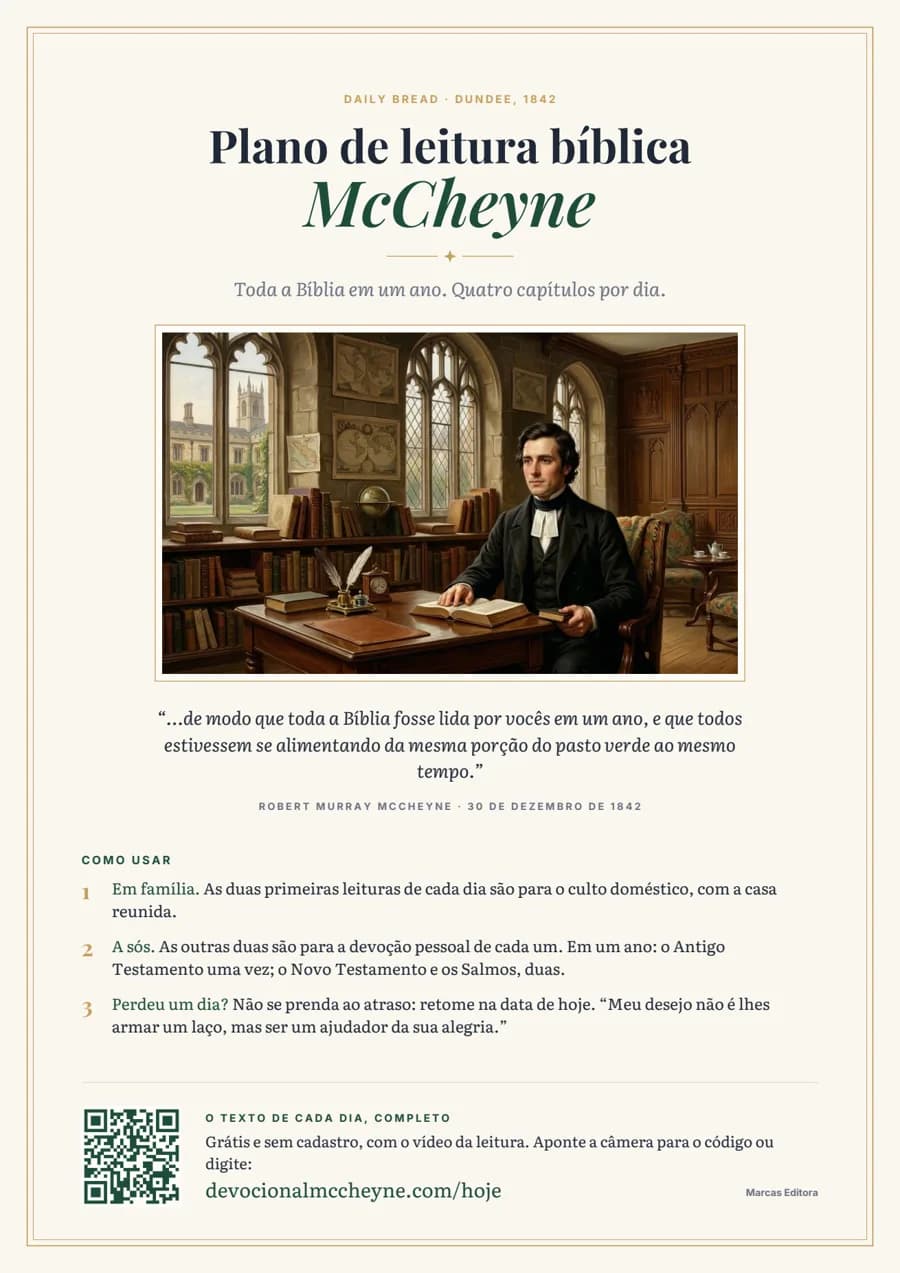 Capa do PDF: Plano de leitura bíblica McCheyne, com a pintura de McCheyne em seu escritório e as instruções de uso